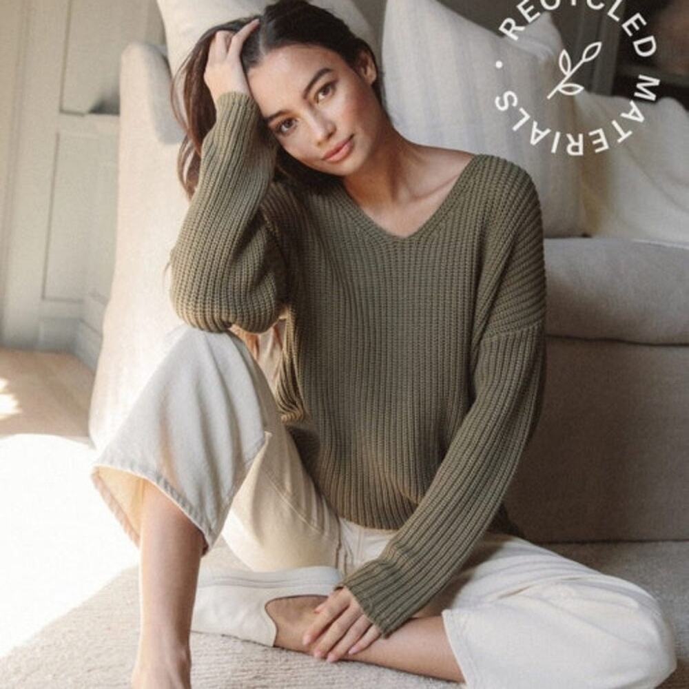 Jenni Kanye Cotton Cabin Sweater Women's XS Green V-Neck